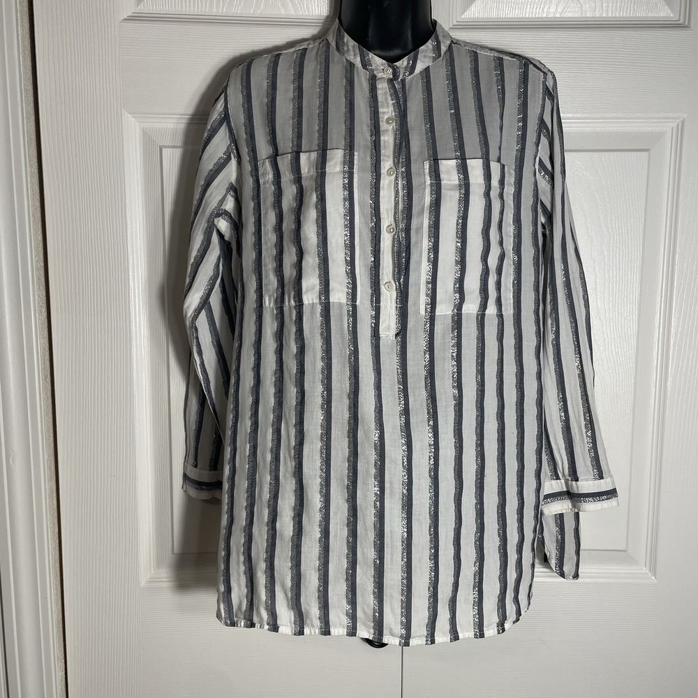 J Crew‎ Metallic Striped Popover Shirt Women 0 White Silver Pockets Lightweight